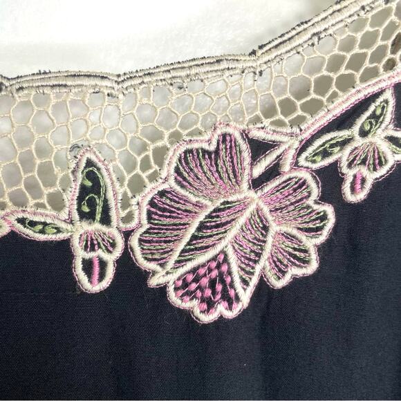 Vintage Embroidered Black Dress White Floral Lace Rayon Dress Pink Green - Picture 6 of 9